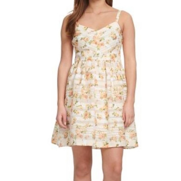 KENSIE Women's Ivory/Yellow Floral Print Sleeveless Fit & Flare Mini Dress - Picture 1 of 6